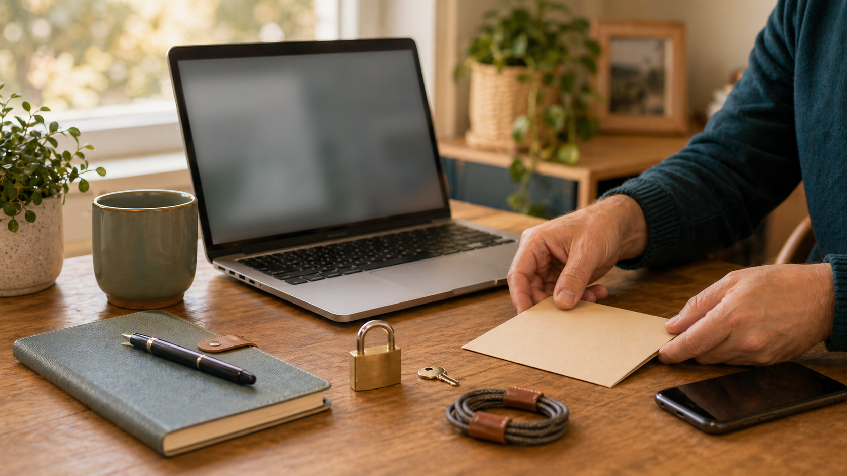 Ordinateur portable avec cadenas, carnet et téléphone sur une table de maison