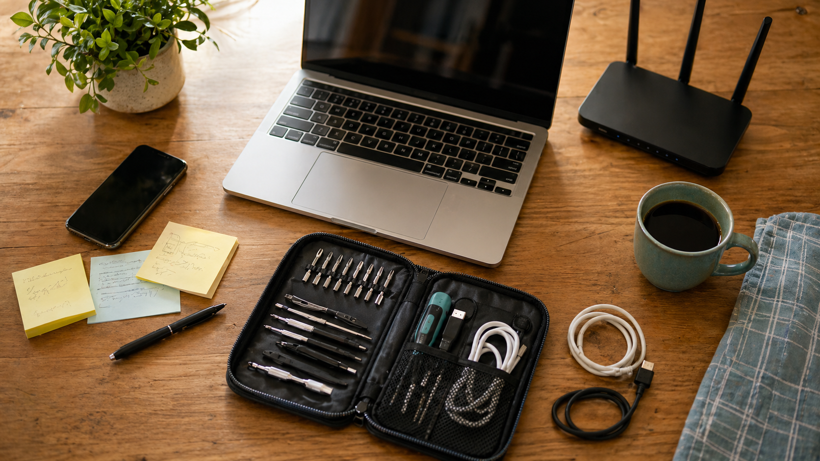 Table de travail avec ordinateur, routeur, téléphone et outils de dépannage informatique