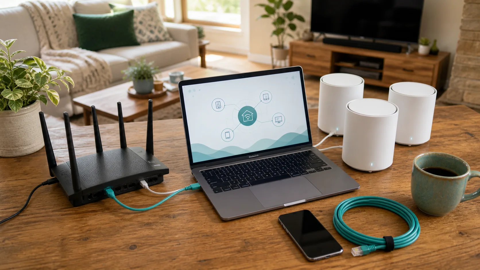 Routeur et appareils branchés pour une installation Wi-Fi à la maison